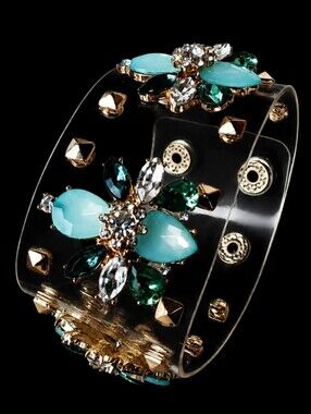 Thick Clear Plastic Gold Tone Rhinestone Snap Cuff Bracelet Emerald Seafoam EUC